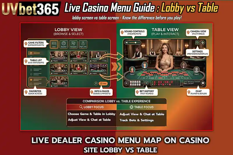 Live Dealer Casino Menu Map on casino site Lobby vs Table