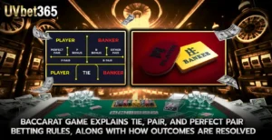 Baccarat game explains Tie Pair and Perfect Pair betting rules along with how outcomes are resolved