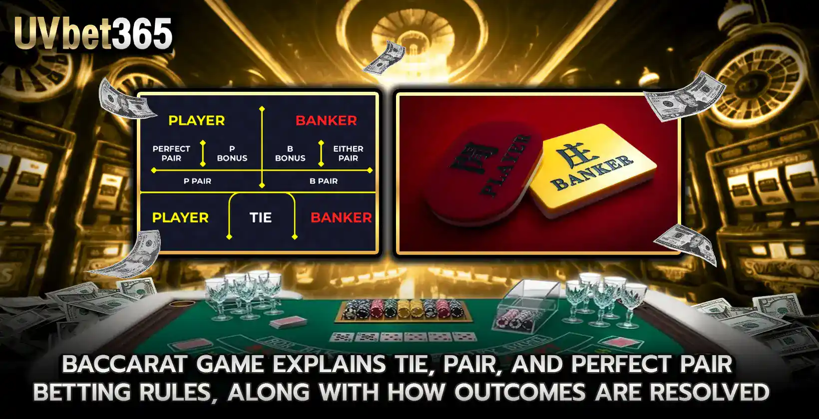 Baccarat game explains Tie Pair and Perfect Pair betting rules along with how outcomes are resolved